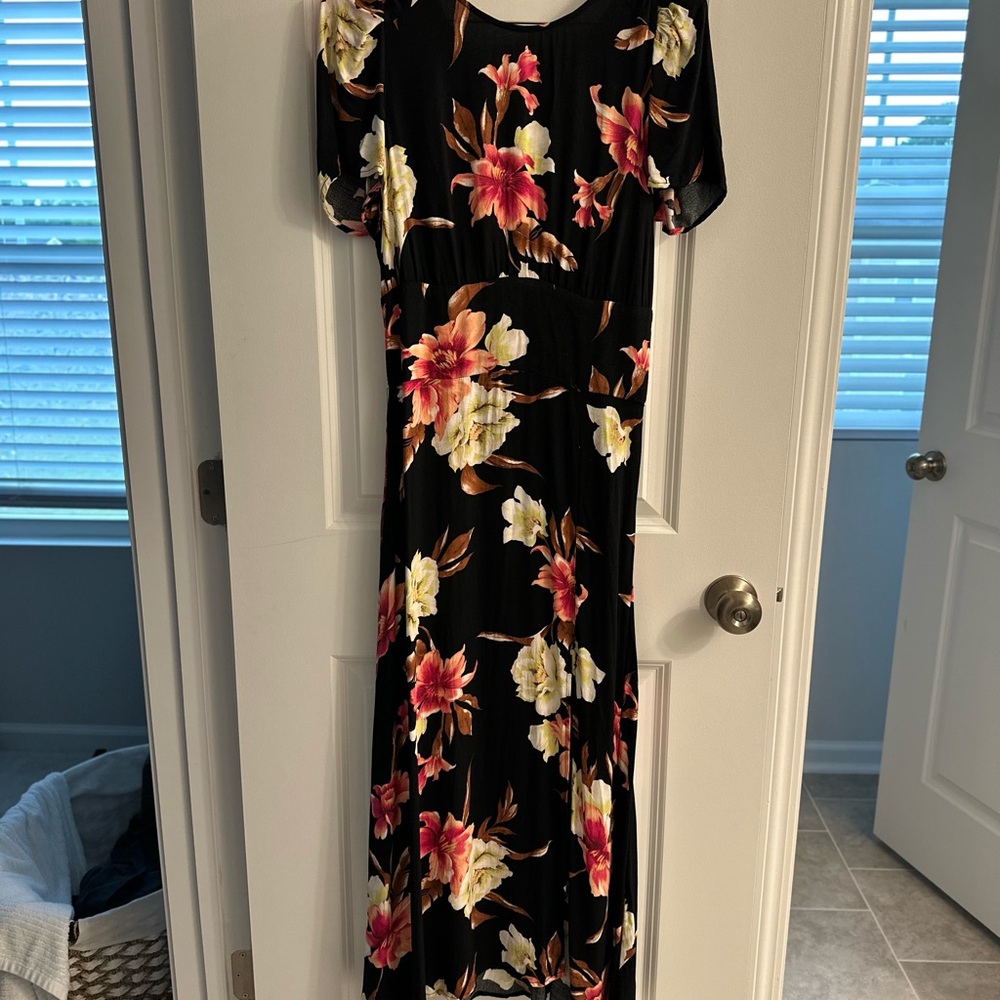 AFRM Black Maxi Dress with Red and Yellow Floral Design